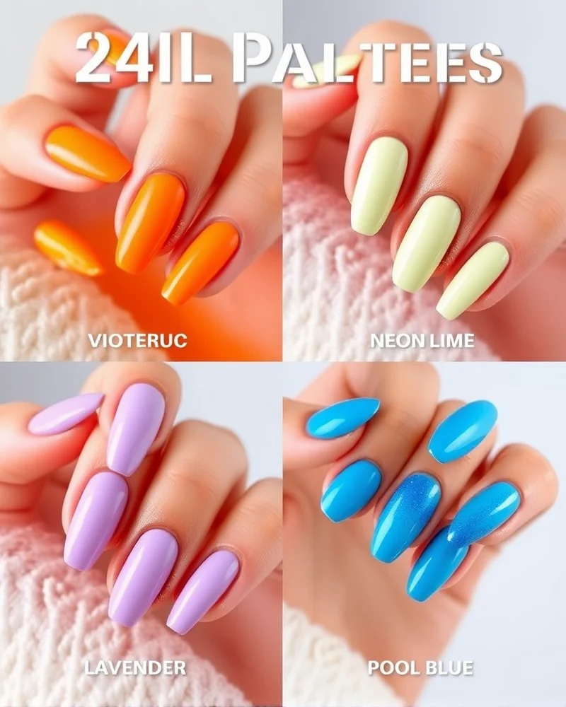 7 Viral July Nails 2026 Trends You Need to Try Before August 2 A comparison grid showing four distinct nail color sets for July 2026, featuring citrus, lime, lavender, and pool blue tones on perfectly shaped almond nails.