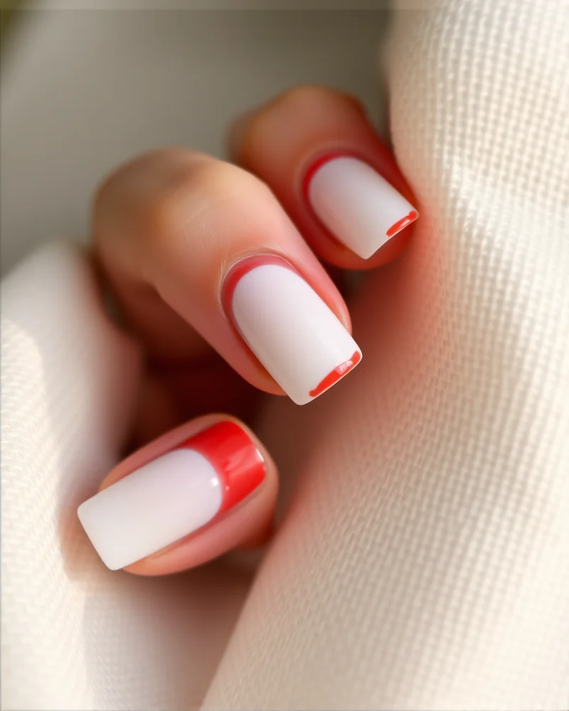 7 Viral 4th of July Simple Nails Designs You Need to Try This Summer 2 Close-up of square nails with a clean white base and a thin, bold red French tip, capturing a minimalist holiday look.
