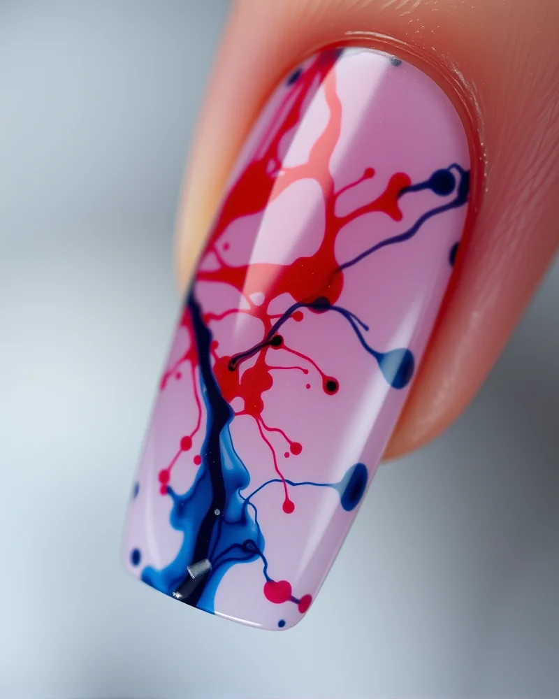 7 Viral 4th of July Nails Blooming Gel Designs You Need to Try 2 Coffin-shaped nails showcasing a sophisticated red, white, and blue marble pattern created with blooming gel, set against a blurred background.