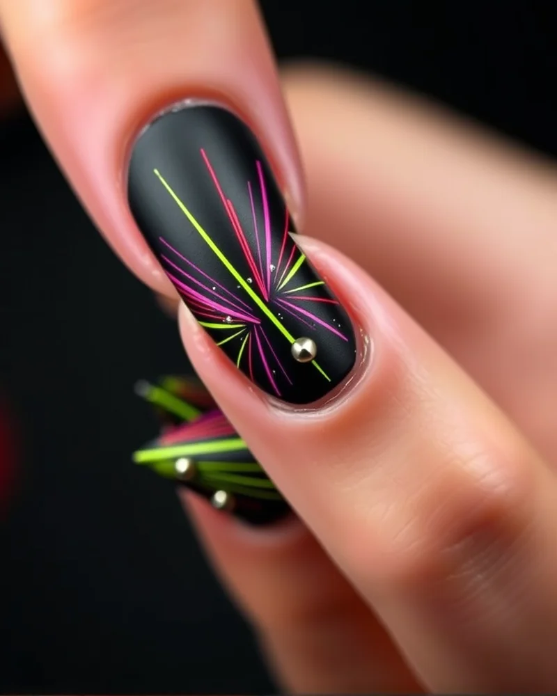 7 Viral Firework Nail Designs That Will Ignite Your Manicure Game 2 Stiletto nails featuring matte black polish with vibrant neon firework lines radiating from the base, topped with small metallic silver studs.