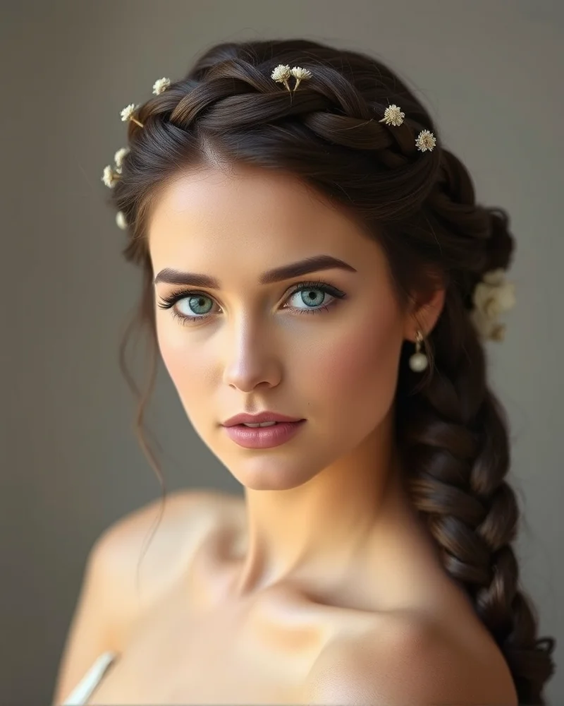 A woman with a sophisticated Dutch braided crown featuring small white flower accents, captured in soft natural light.