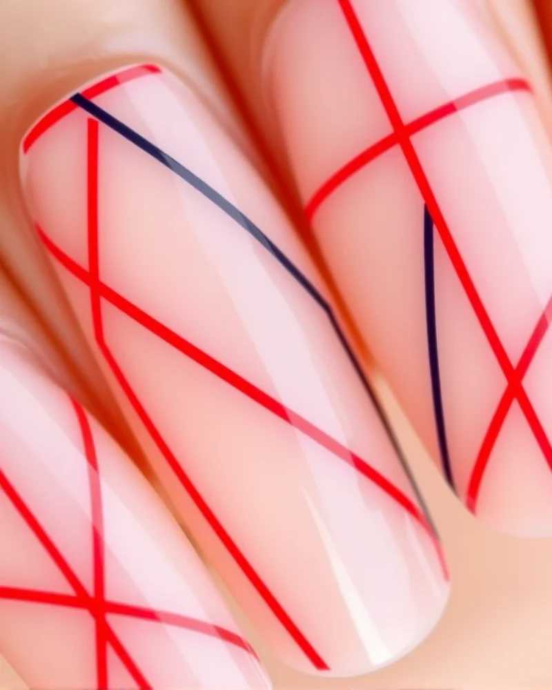 Minimalist coffin nails featuring precise, thin red and blue lines against a nude, clear base for a modern look.