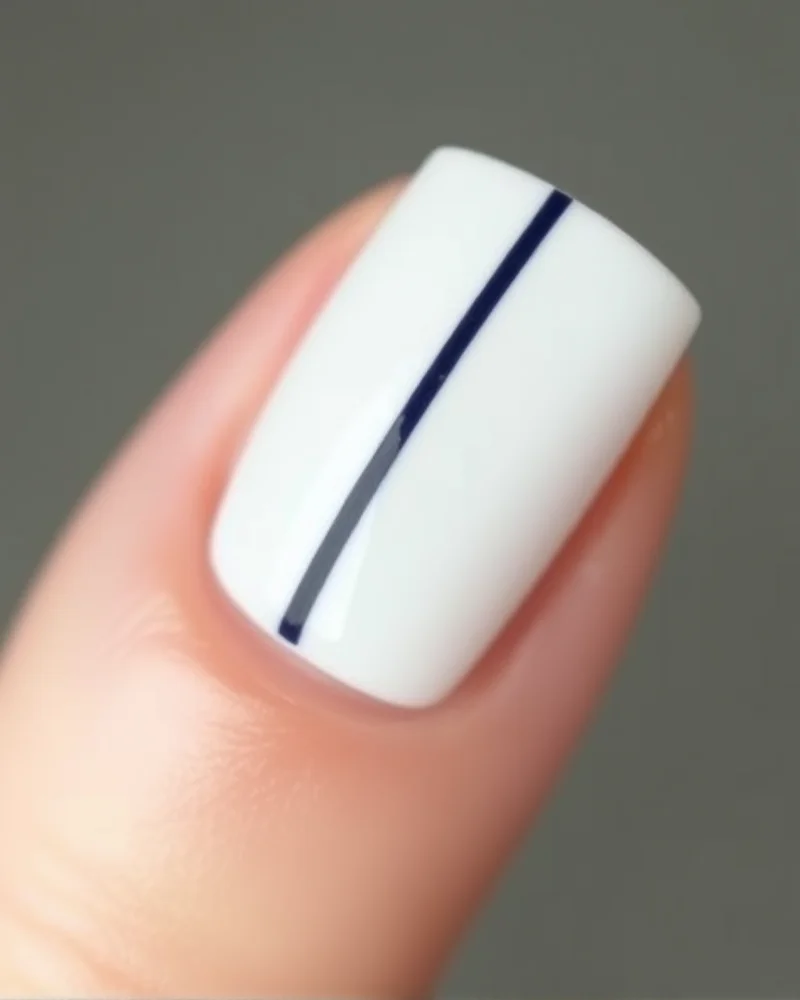 10 Chic Ways to Wear Red White and Blue Nails for Any Occasion 2 Short square nails with a minimalist design consisting of a navy blue stripe and a tiny red dot on a white base.