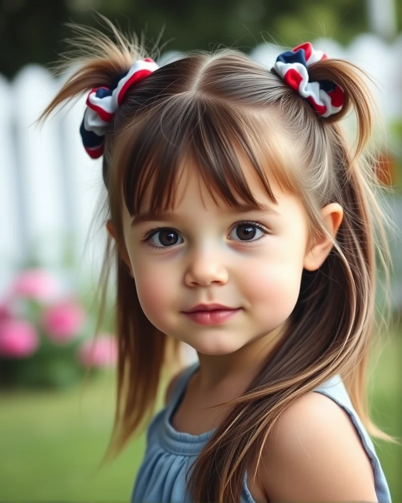 7 Viral 4th of July Toddler Hair Ideas That Stay Put All Day 2 A toddler sporting two high, voluminous pigtails decorated with patriotic scrunchies, captured in bright natural light.