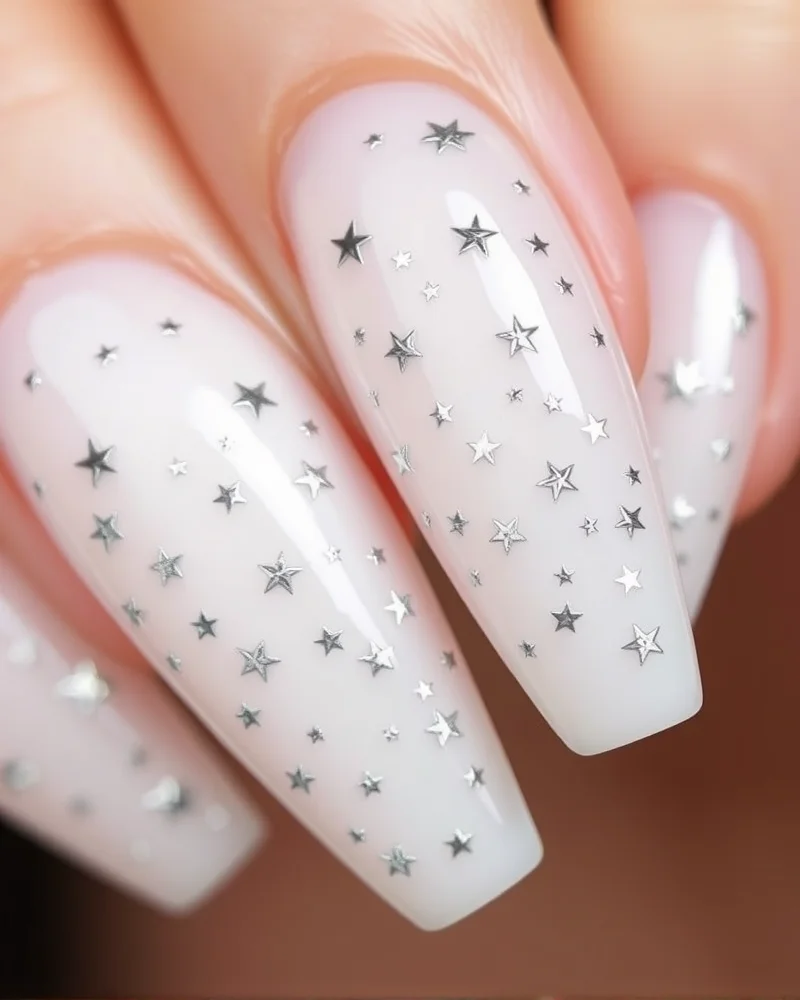 Coffin-shaped nails with a milky white base and intricate, reflective chrome silver star nail art designs.