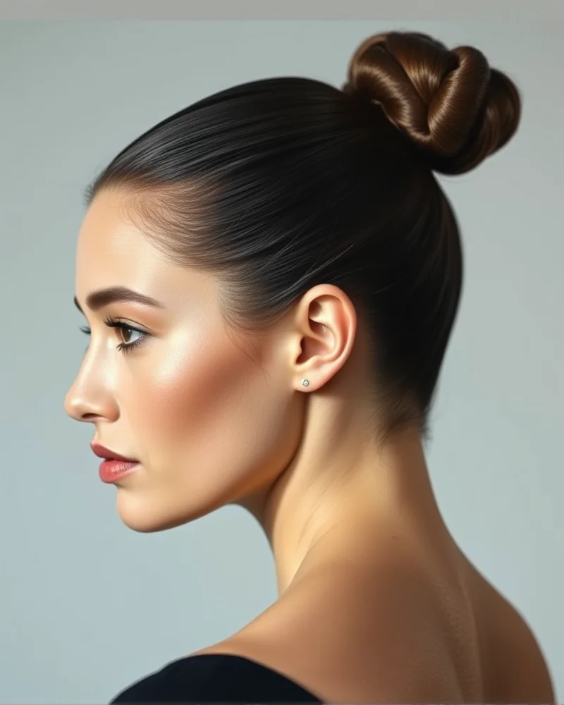 A close-up shot of a woman with a perfectly polished, high-shine sleek bun, showcasing smooth hair texture and professional styling technique.