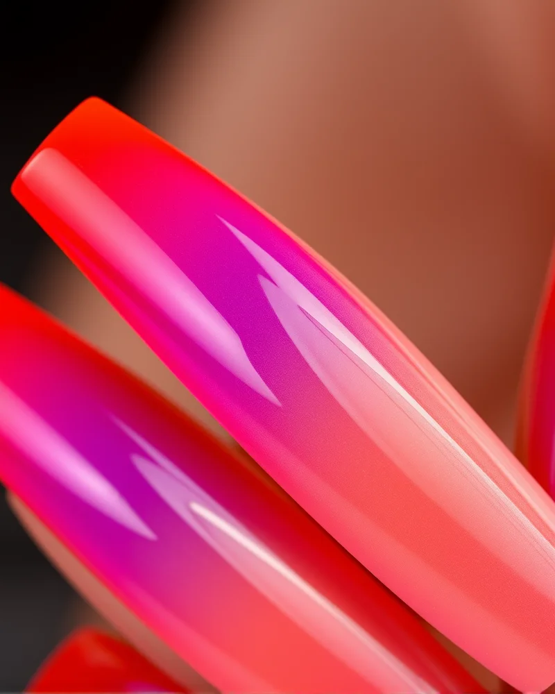 Long coffin-shaped nails painted with a smooth gradient transitioning from coral to deep violet, capturing the aesthetic of a summer sunset.