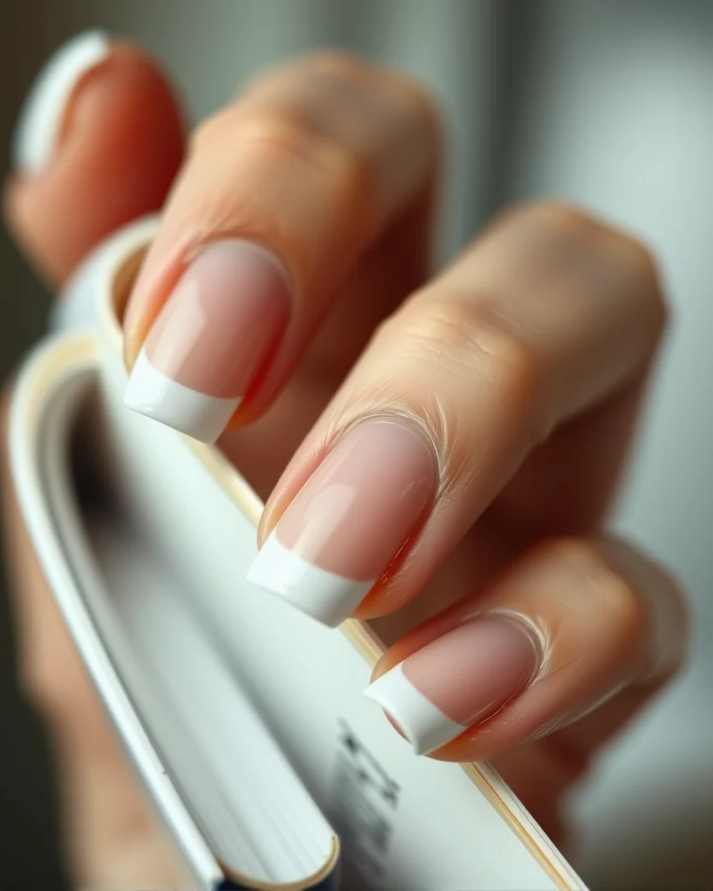 Short square nails with a delicate micro-french manicure design.