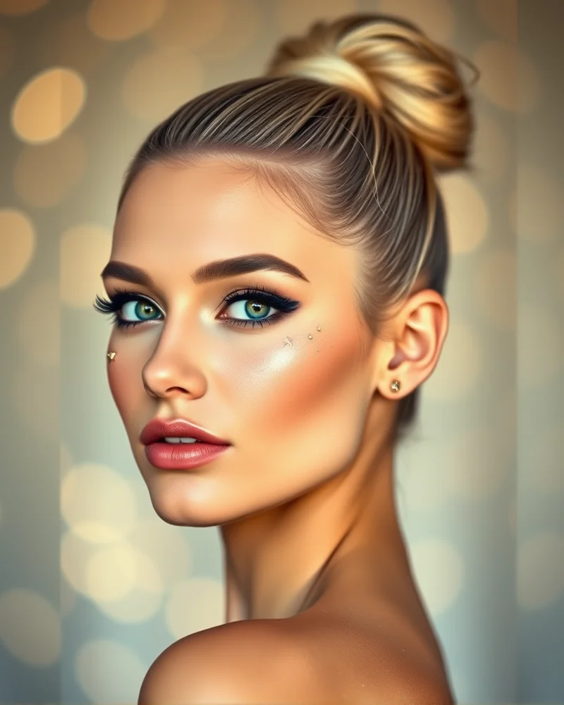 Model with a high ponytail and celestial glitter firework makeup.