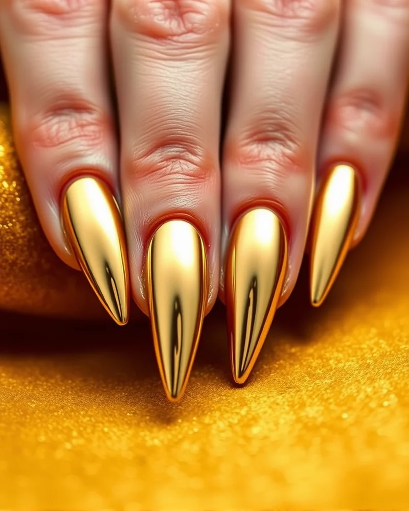 Mirror-finish gold chrome stiletto nails reflecting light.