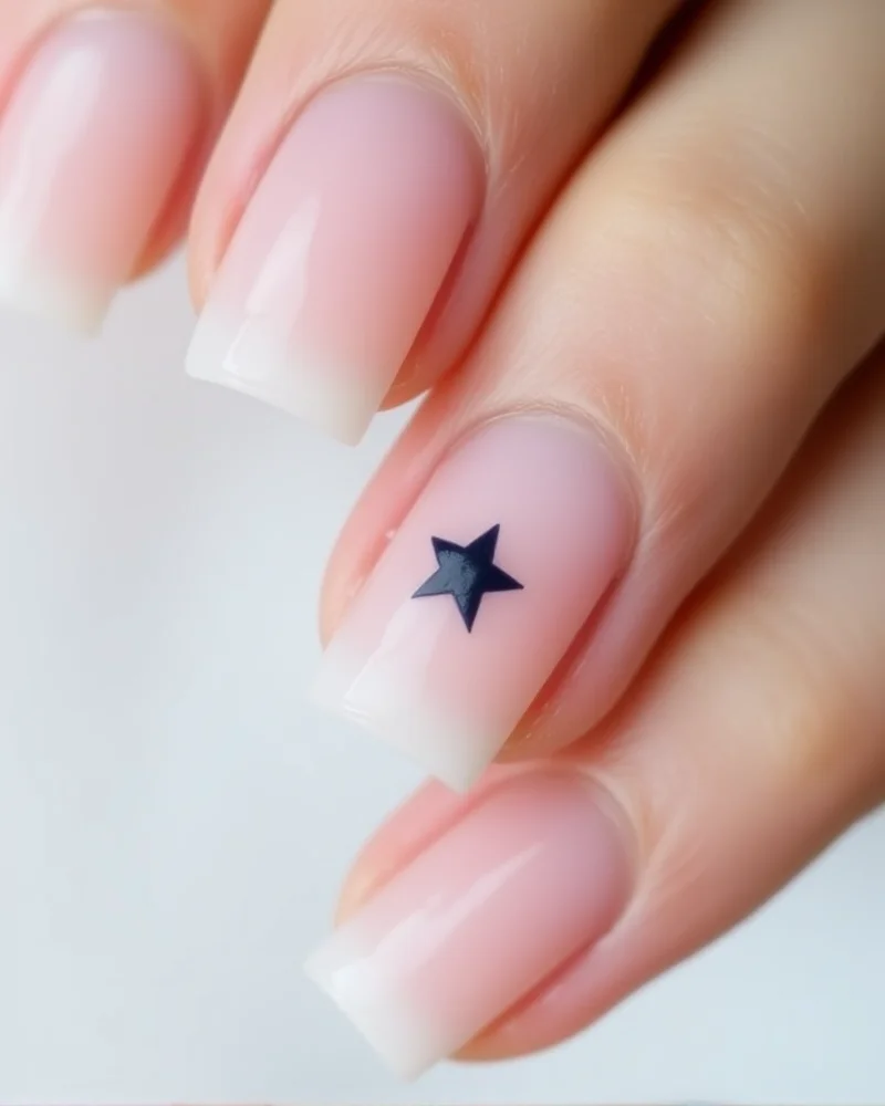Minimalist square nails with a nude base and tiny navy blue star accents on each nail, perfect for a clean aesthetic.