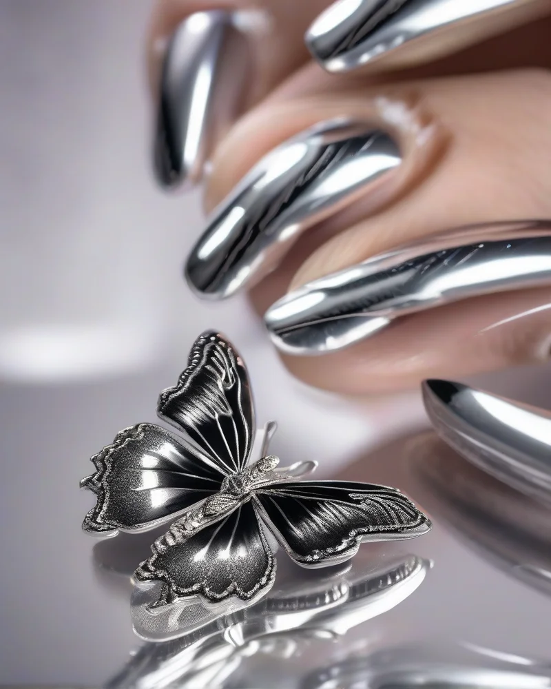 Almond shaped nails with metallic silver chrome finish and butterfly nail art.