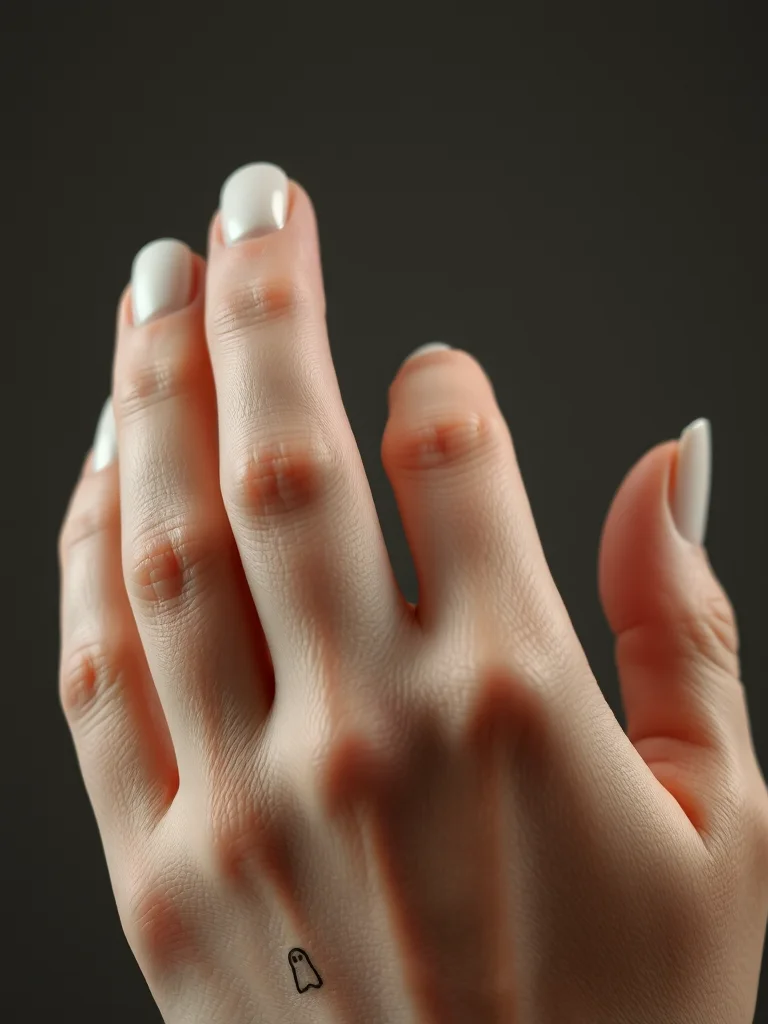 Minimalist square nails with tiny ghost art for a chic Halloween look.