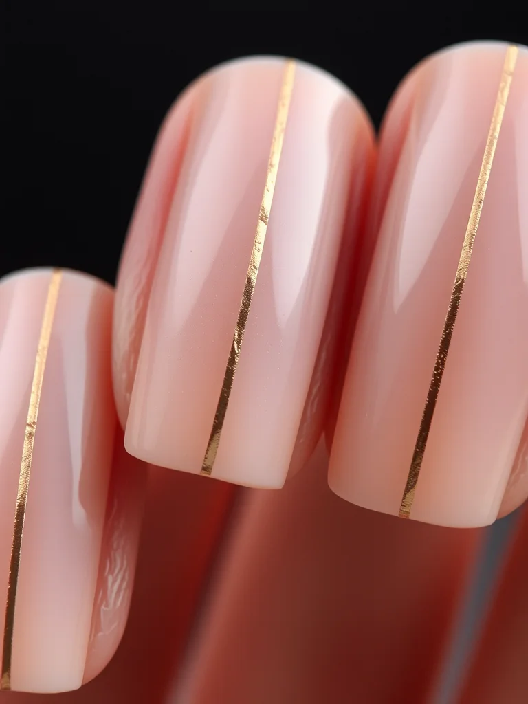 Striped Nails: 7 Chic Designs You Need to Try for Your Next Manicure 2 Minimalist nude nails with a single thin vertical gold stripe.