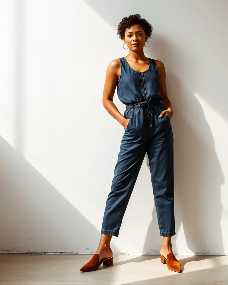 A woman wears a sophisticated, tailored dark wash denim jumpsuit, demonstrating that denim can be elevated for formal wedding settings.