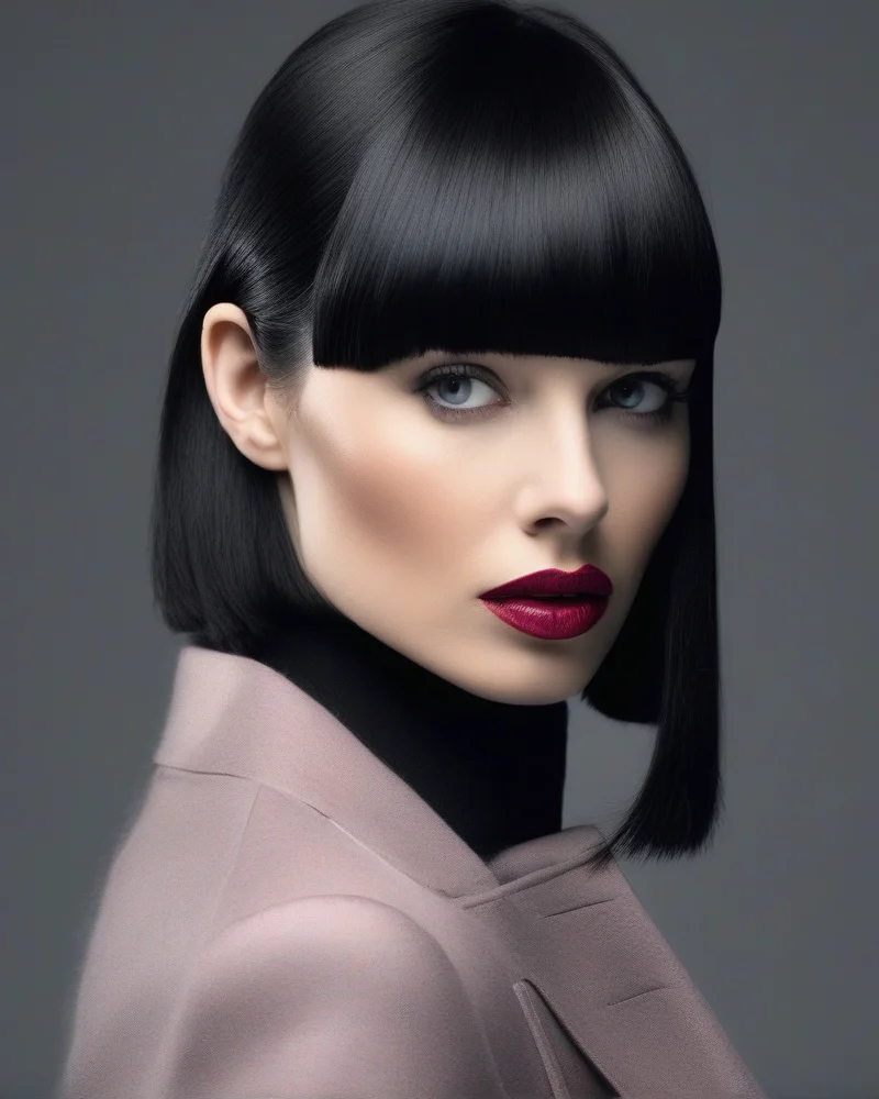 Close-up of a woman with sleek black hair and a perfectly blurred berry lipstick look.