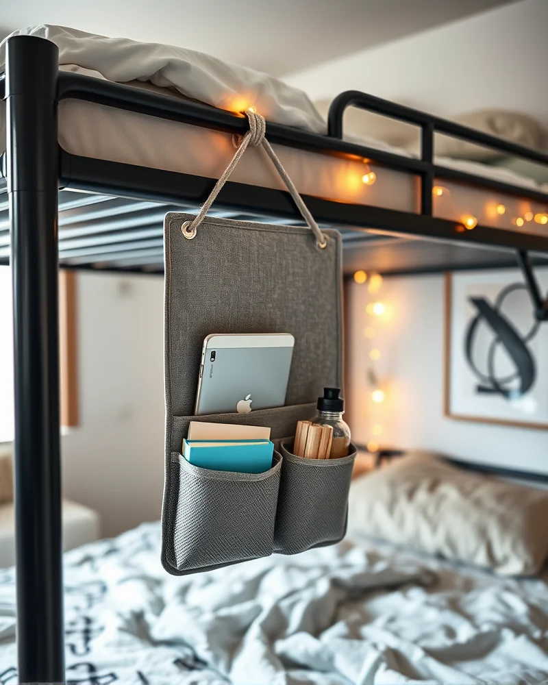 A fabric hanging bedside caddy attached to a lofted dorm bed, organized with books and electronics in a warm, cozy room setting.
