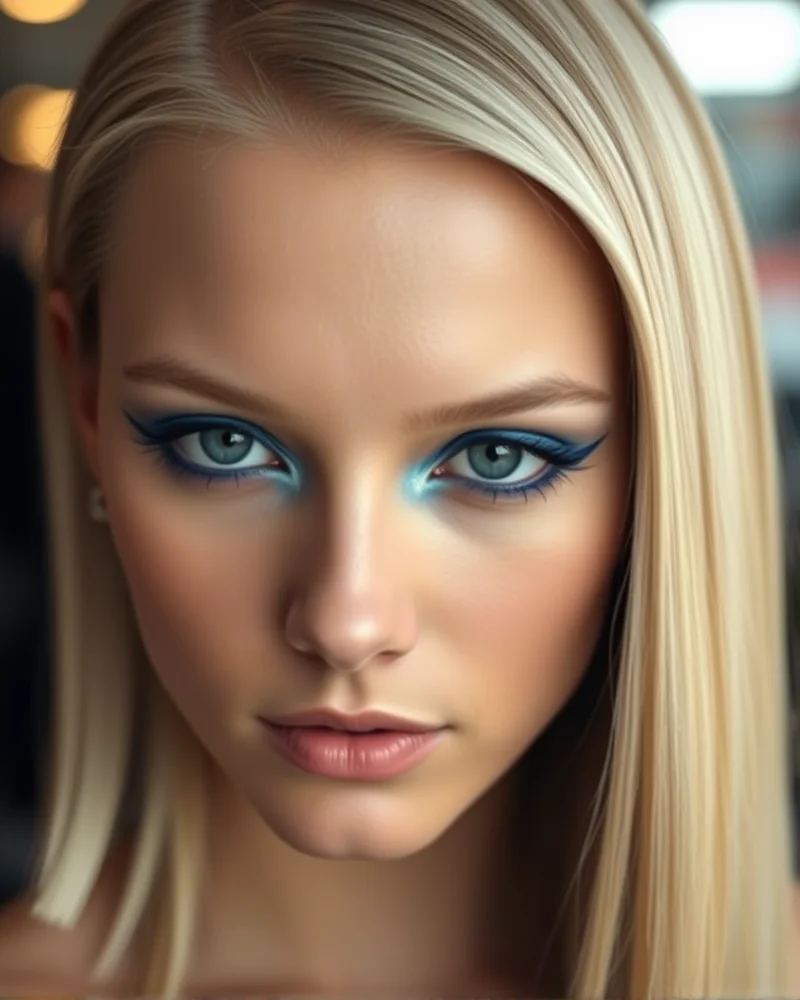 7 Viral 4th of July Makeup Looks That Will Stop the Show 2 A close-up beauty shot showing a woman with sleek, straight blonde hair and a striking, bold cobalt blue graphic eyeliner wing.