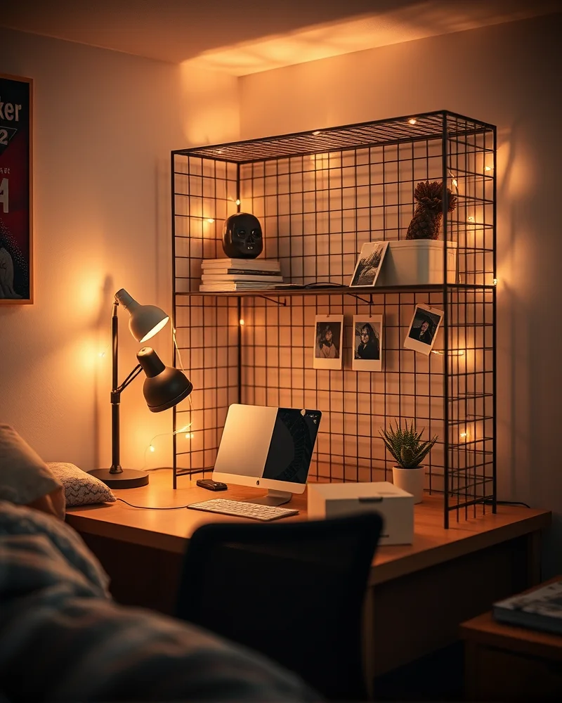 A wire-grid hutch attached to a wooden dorm desk, decorated with fairy lights and photos, set in a cozy room.