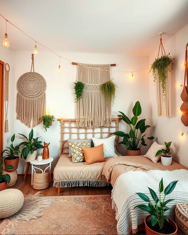 A cozy bohemian dorm room decorated with macrame accents, warm string lights, and lush indoor plants creating a relaxed, earthy atmosphere.