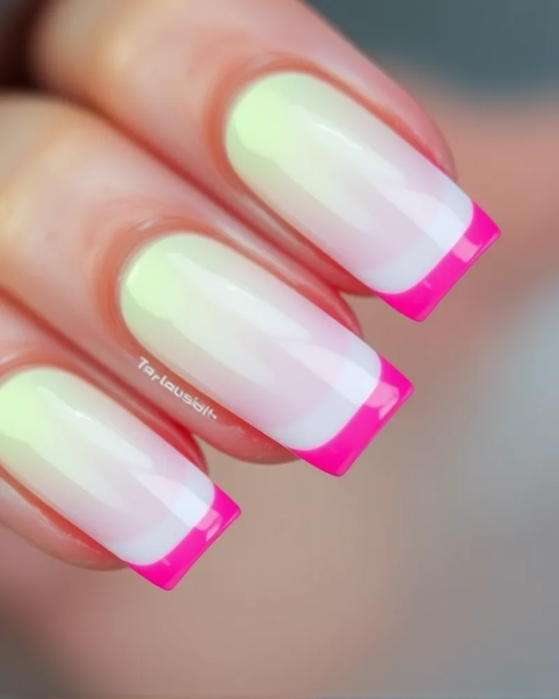 7 July Nails Trends That Will Make Your Summer Manicure Pop 2 Short square nails featuring a milky white base with high-visibility neon pink and lime green French tips, captured in bright natural light.