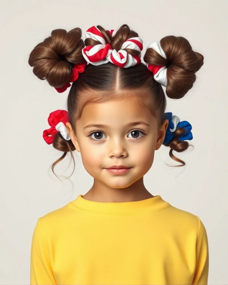 7 Patriotic 4th of July Hairstyles for Kids That Will Steal the Show 3 Close-up shot of a young girl wearing a creative triple-bubble ponytail hairstyle with patriotic red, white, and blue hair accessories.
