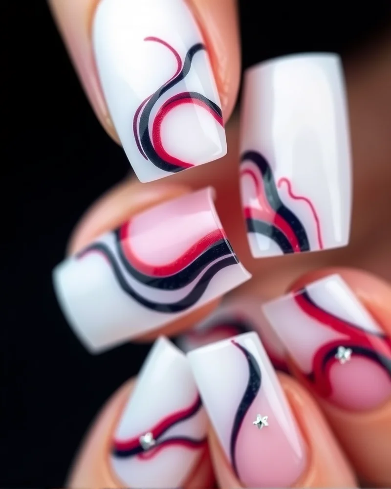 7 Viral July Nails 2026 Trends You Need to Try Before August 3 Close-up of square nails featuring a modern, abstract take on patriotic red, white, and navy patterns with tiny silver star detailing.