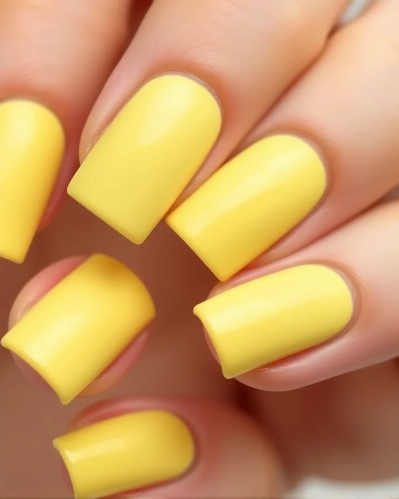7 Viral July Nail Colors That Are Defining This Summer’s Aesthetic 3 Square nails featuring a smooth, matte lemon yellow finish that looks creamy and vibrant.