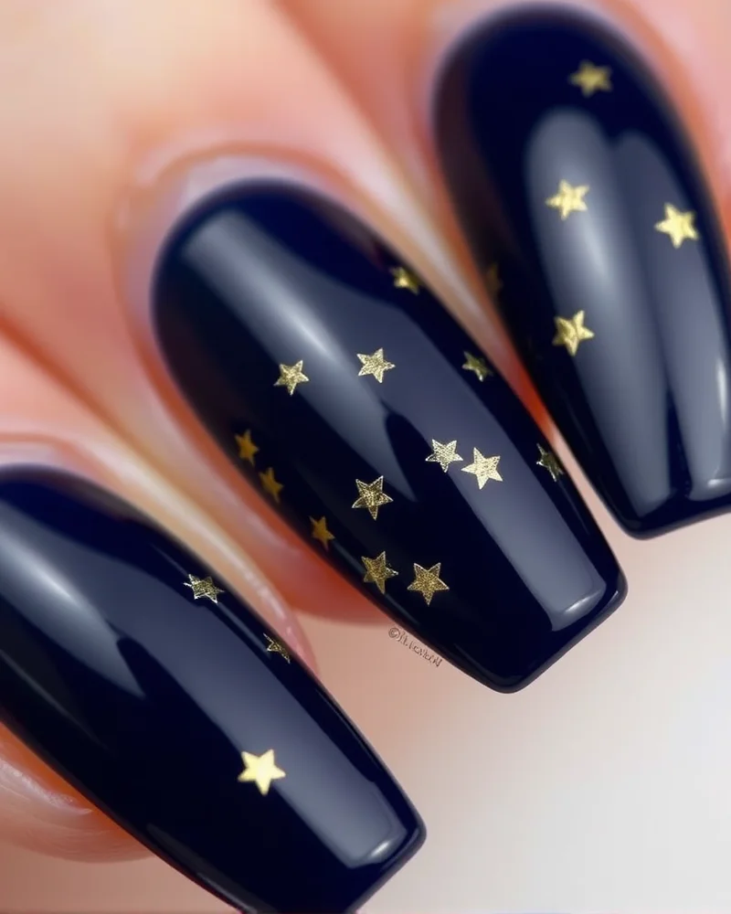 7 Viral 4th of July Simple Nails Designs You Need to Try This Summer 3 Stiletto nails featuring a dark navy blue base with delicate gold foil star accents, perfect for a night-time celebration.