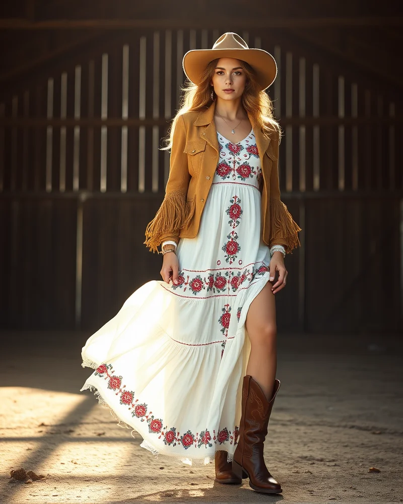 7 Viral Western 4th of July Outfit Ideas for a Stunning Americana Aesthetic 3 A woman wearing a white bohemian dress with a suede fringe jacket and cowboy boots, standing near a rustic barn.