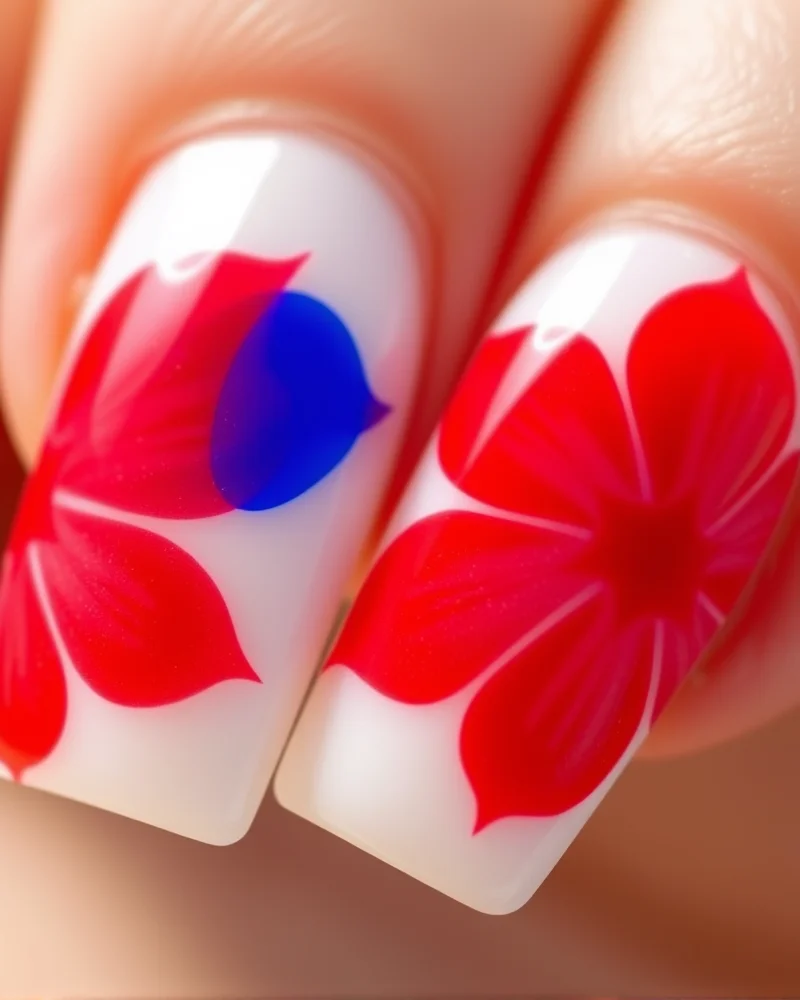 7 Viral 4th of July Nails Blooming Gel Designs You Need to Try 3 Square-shaped nails featuring soft-edged watercolor red and blue floral shapes on a crisp white background.