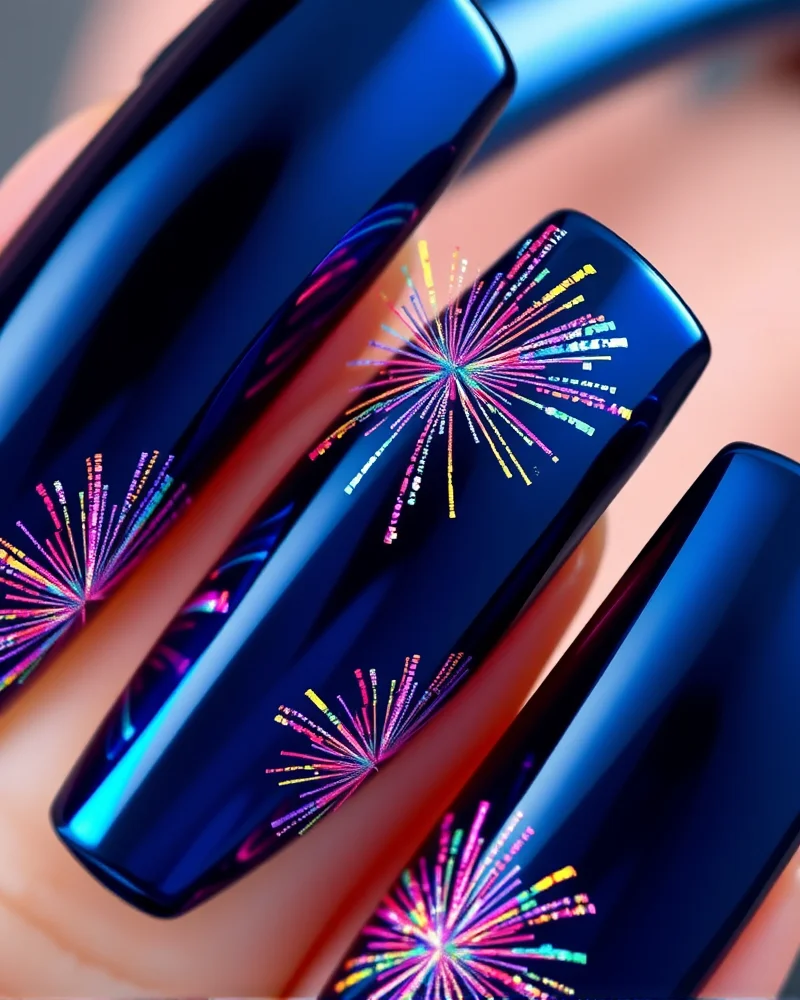7 Viral Firework Nail Designs That Will Ignite Your Manicure Game 3 Glossy midnight blue chrome nails featuring a large, colorful iridescent firework design that shimmers under studio lighting.