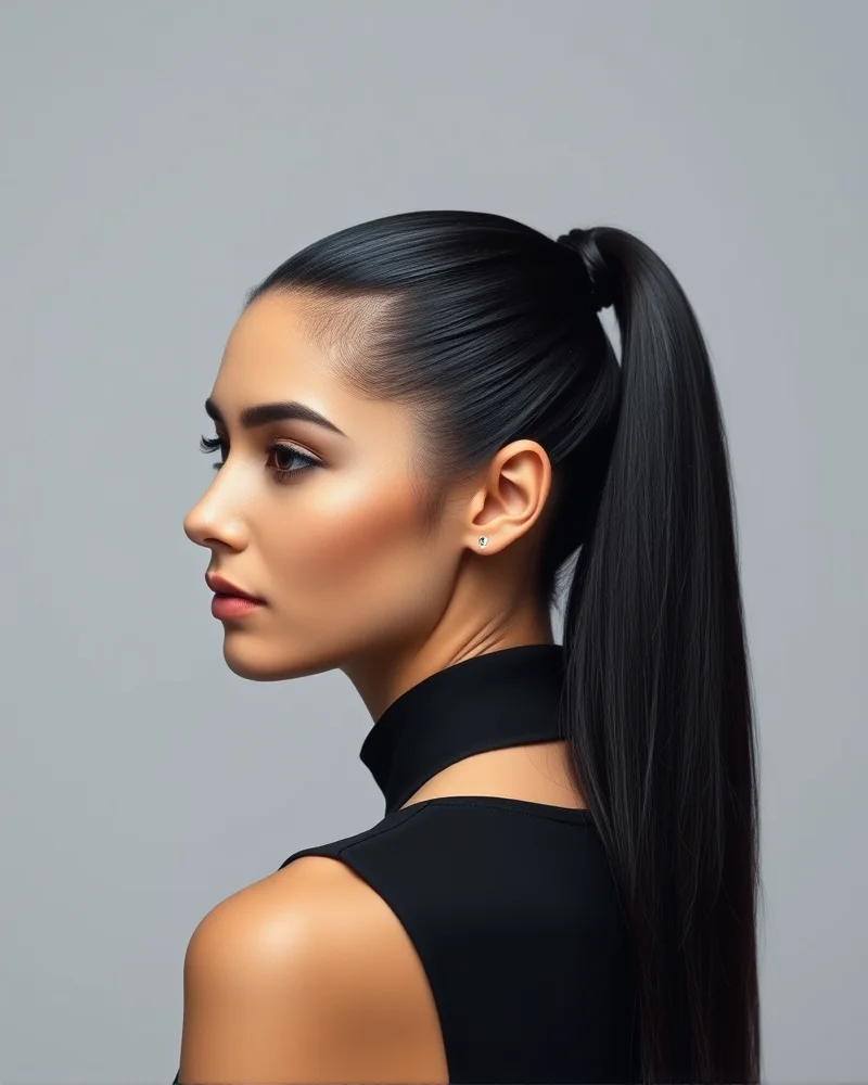 A sleek, high ponytail with a polished finish, showcasing a clean and modern aesthetic.