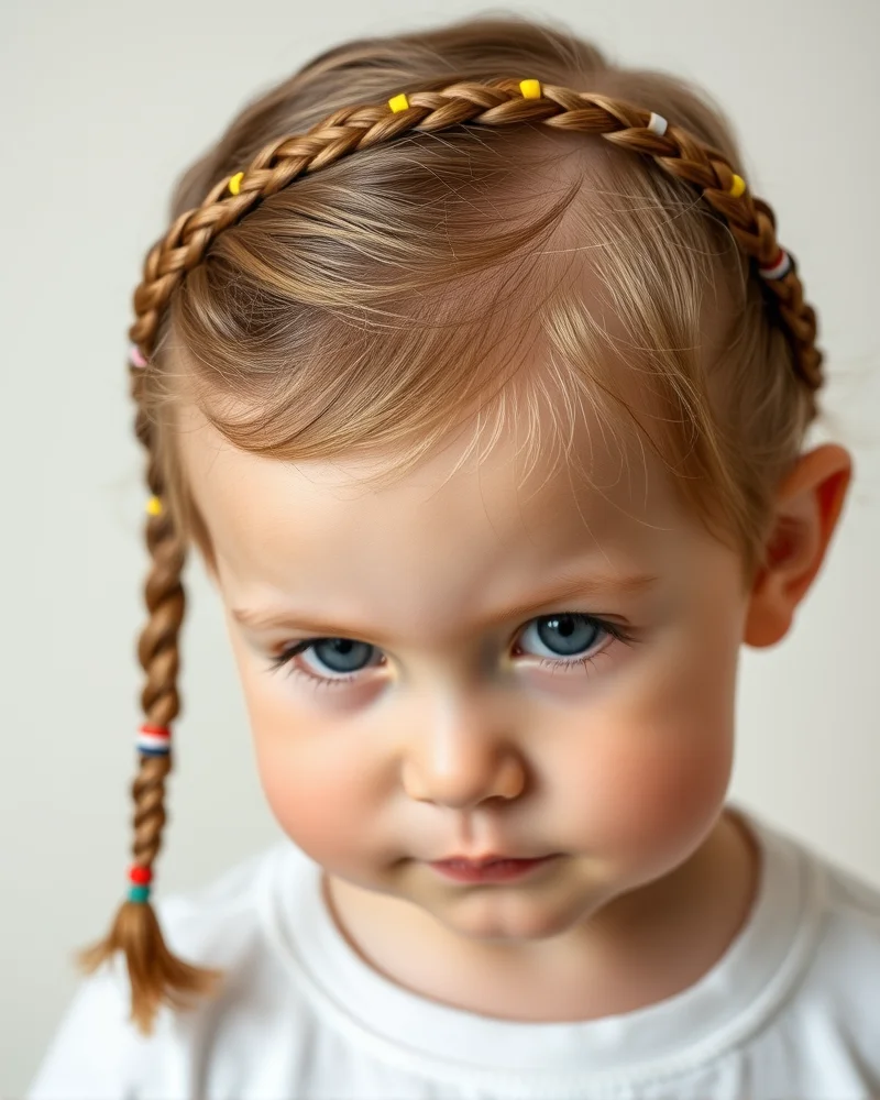 7 Viral 4th of July Toddler Hair Ideas That Stay Put All Day 3 A detailed close-up of a toddler wearing a crown braid accessorized with small red, white, and blue hair beads.