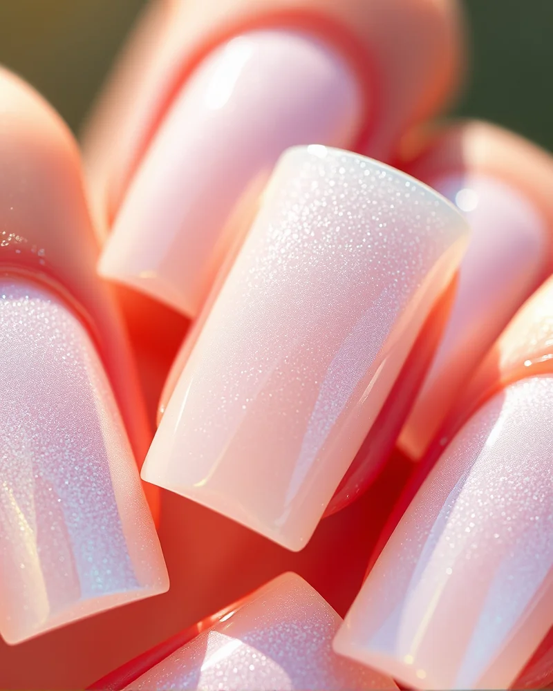 Short square nails with a pearlescent, iridescent chrome finish that glows in the light, displaying a clean and high-gloss look.