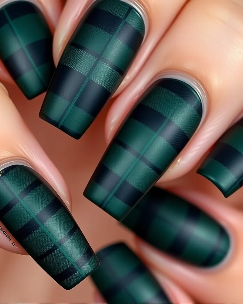 Coffin shaped nails featuring a detailed navy and green plaid pattern.