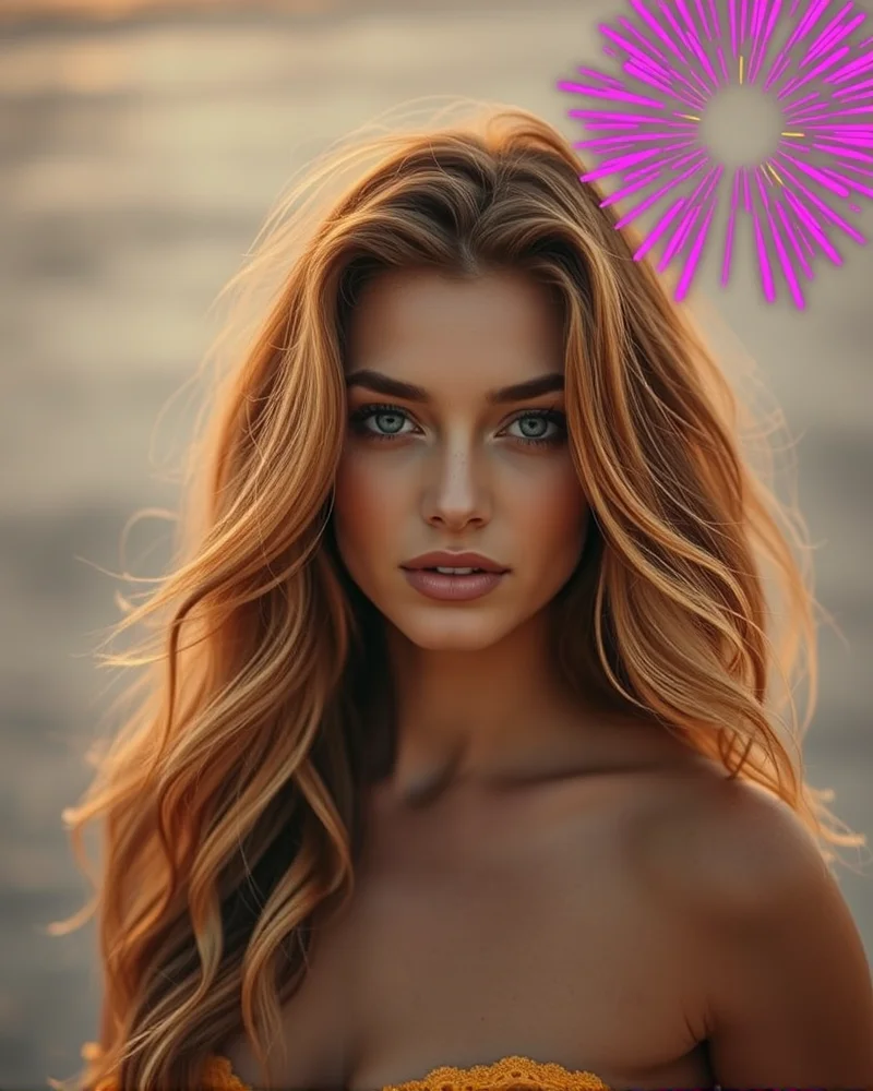 Model with beach waves and bold neon graphic liner.