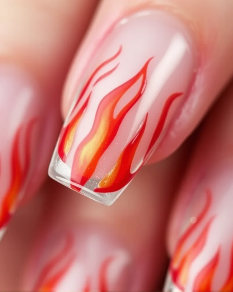 Coffin nails featuring detailed red and orange flame nail art.