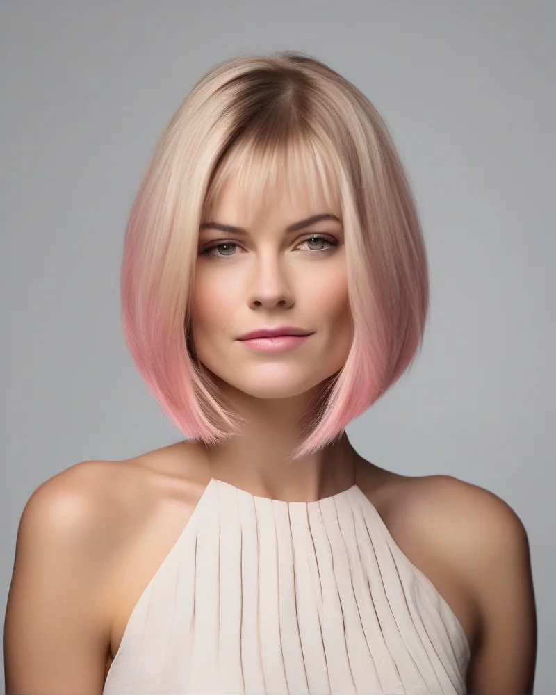 Model with a long bob featuring strawberry and vanilla Neopolotin tones.