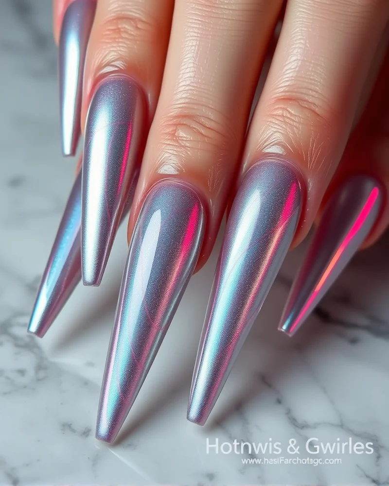 Stiletto nails featuring a silver metallic base with iridescent red and blue chrome swirling firework-like patterns.