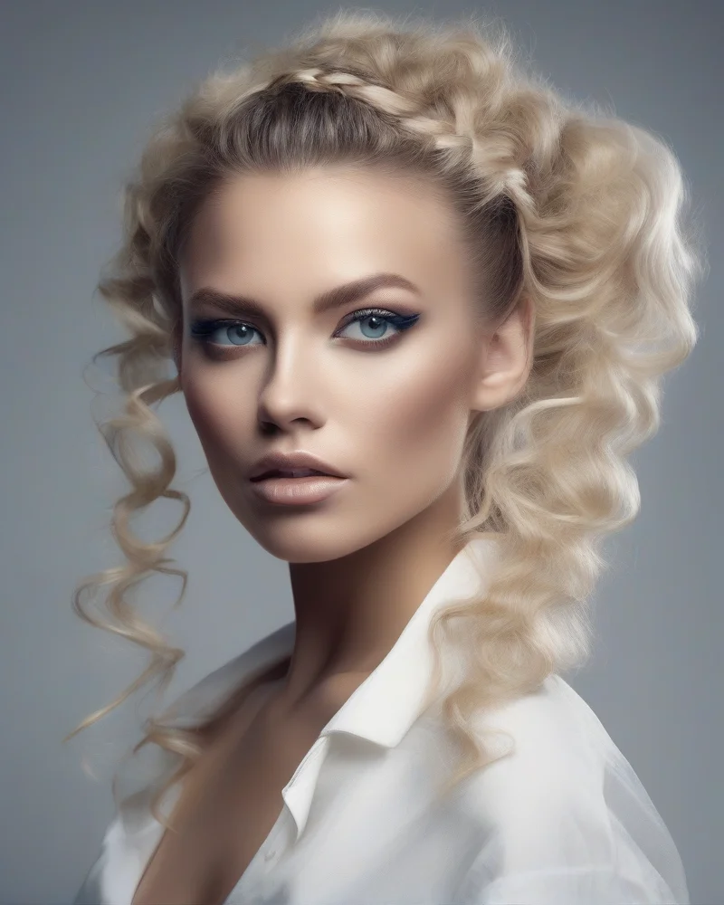 Close-up of a person with high ponytail and sharp graphic eyeliner look.