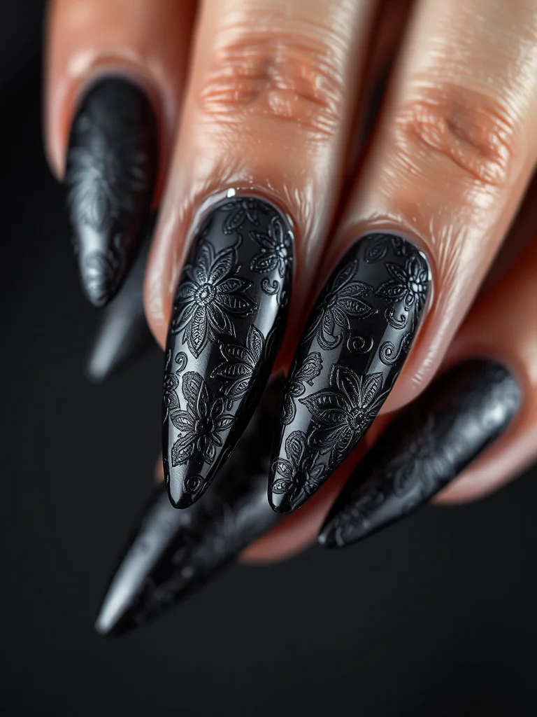 Gothic stiletto nails with chrome finish and lace patterns.