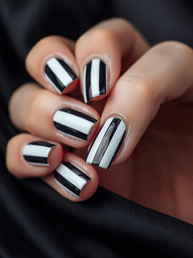 Striped Nails: 7 Chic Designs You Need to Try for Your Next Manicure 3 Bold black and white striped nails with a glossy finish.