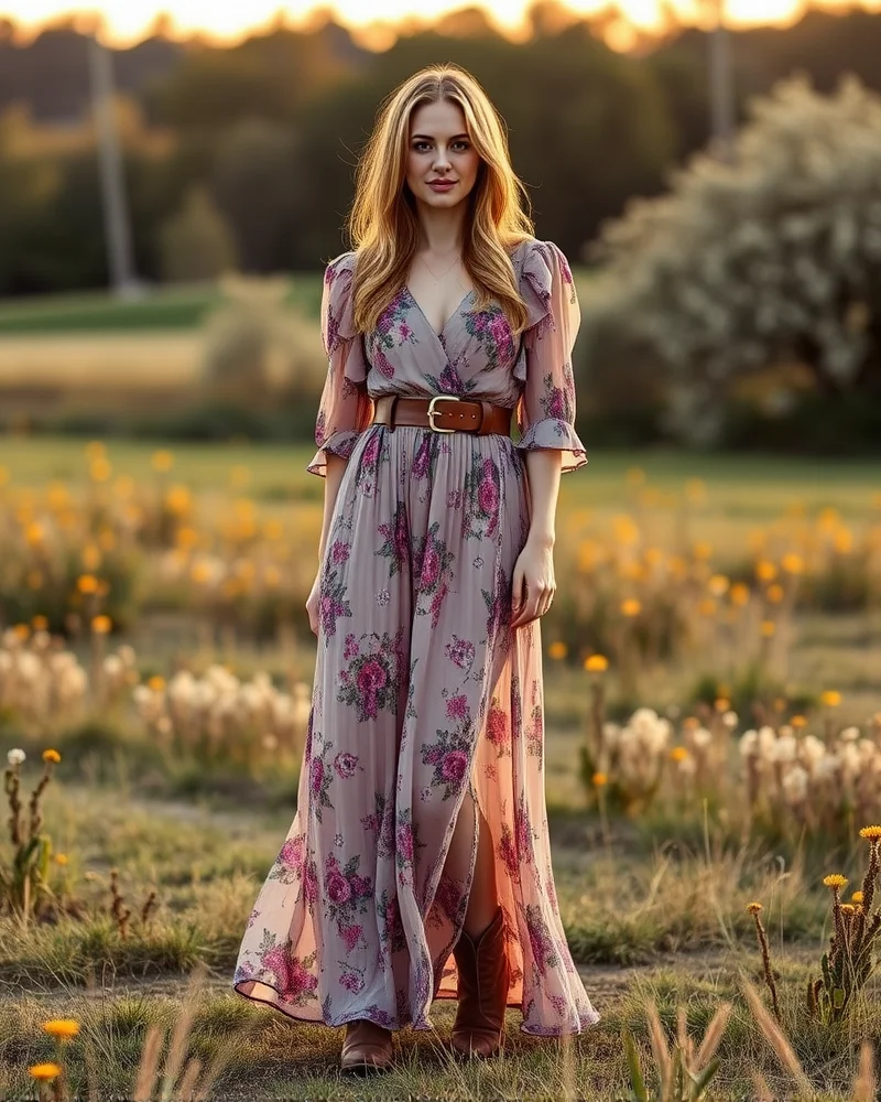 A woman wearing a flowing floral maxi dress with western-inspired accessories, posing in a warm, sunny meadow.