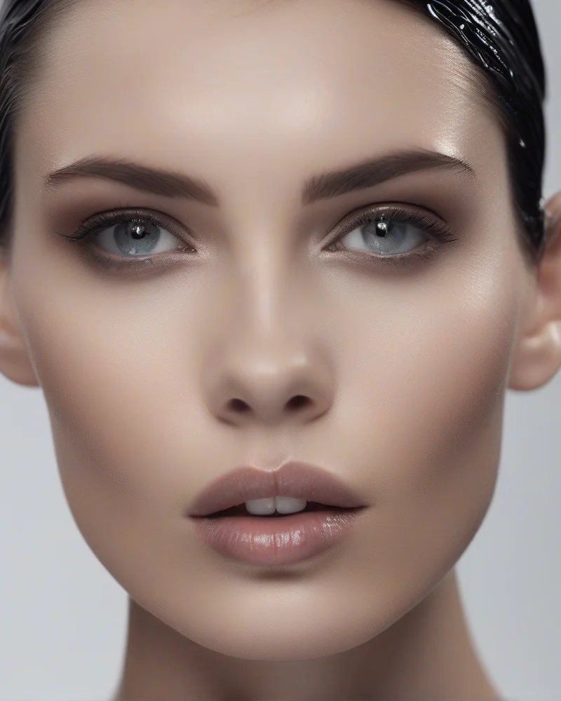 Model wearing a sleek siren wet-look hairstyle for a halloween party.