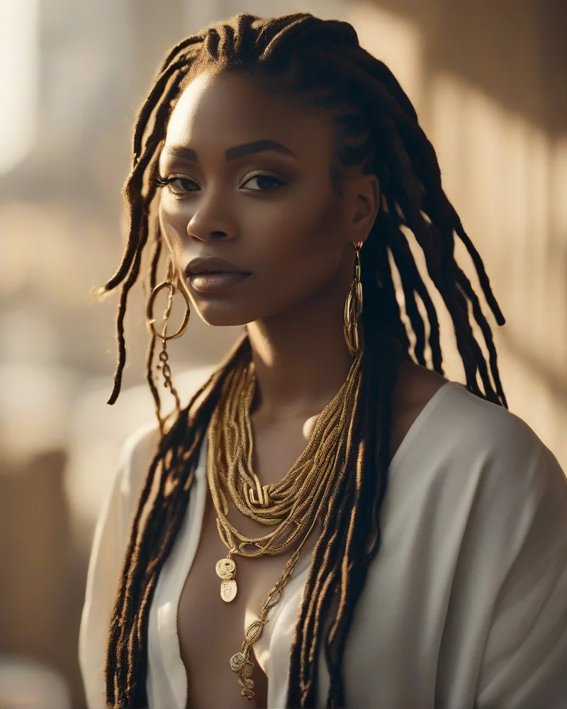 Model wearing faux locs decorated with gold snake jewelry for a Medusa-themed costume.