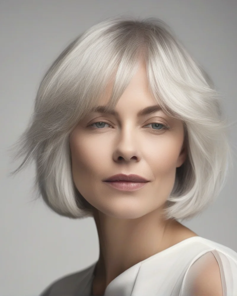 10 Timeless and Chic Senior Hairstyles for a Sophisticated Look 3 Classic chin-length layered bob on a mature woman with white hair.