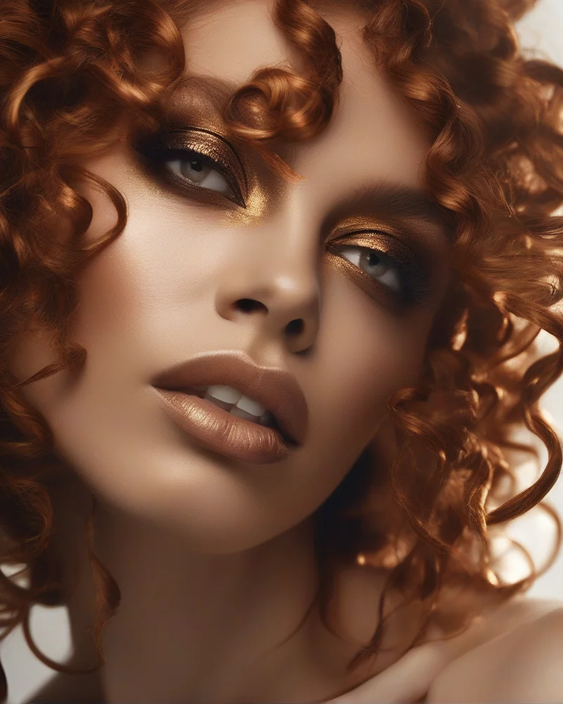 Woman with copper curly hair and a monochromatic copper makeup look.