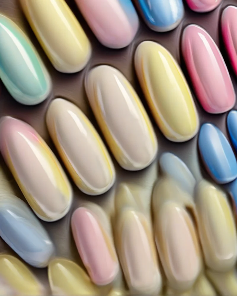 Colorful pastel French manicure tips on almond nails for school.