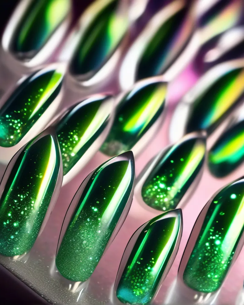 Peridot Nails: The Vibrant Green Trend Defining Luxury Manicures 3 Long stiletto peridot chrome nails with a mirror-like finish.